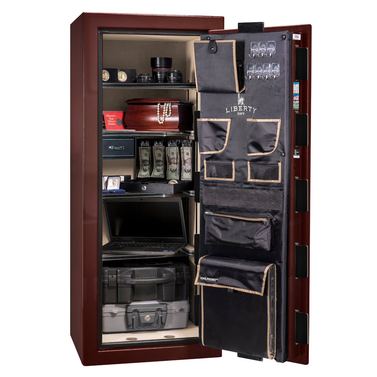 Premium Home Series | Level 7 Security | 2 Hour Fire Protection | 17 | Dimensions: 59.25&quot;(H) x 24&quot;(W) x 20.25&quot;(D) | Burgundy Gloss Brass - Open Door